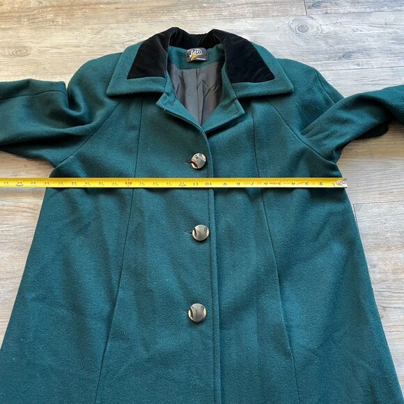 Vintage Wool Trench Coat Women's Large Green Velvet Black Neck Buttons 80s 90s - Picture 6 of 11